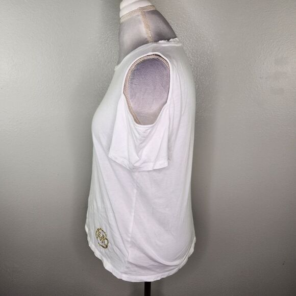 MICHAEL Michael Kors White Cold Shoulder Short Sleeve Gold Jeweled Logo Medium - Picture 8 of 10